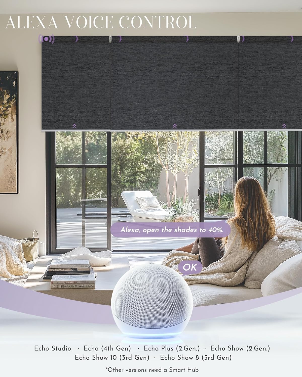 Graywind Smart Coupled Roller Shades Compatible with Alexa Google Custom Size Extra Large Motorized Blinds for Windows(Frequency Nero)