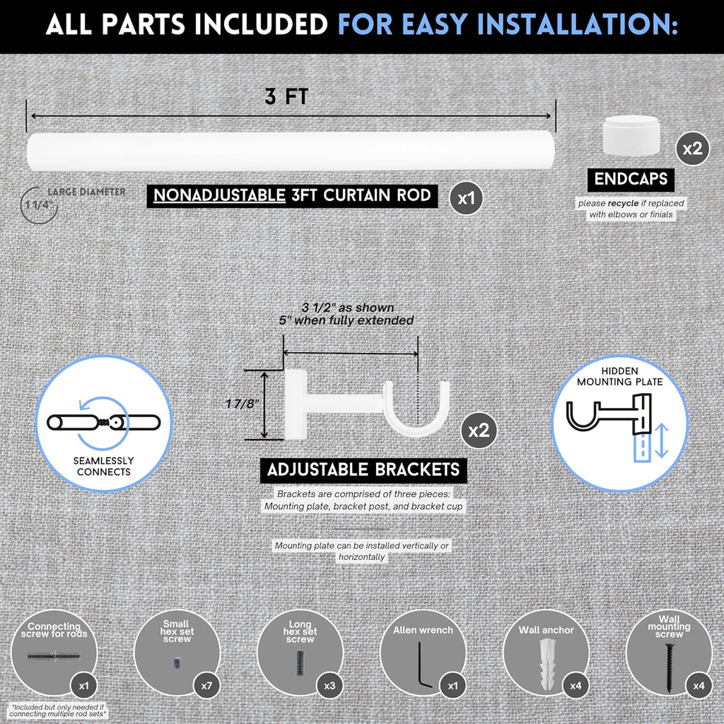 BlastHome® Non-Adjustable Luxury Curtain Rods for Windows, 1 ¼” Rod Set, 3 foot Fixed Length, White