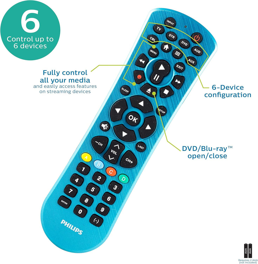 Philips Universal Remote Control, Universal TV Remote Replacement, Samsung TV Remote Control Universal, for Roku Remote Replacement, Vizio, LG, Sony, Apple TV, Smart TVs, 6 Device, Blue, SRP6249B/27
