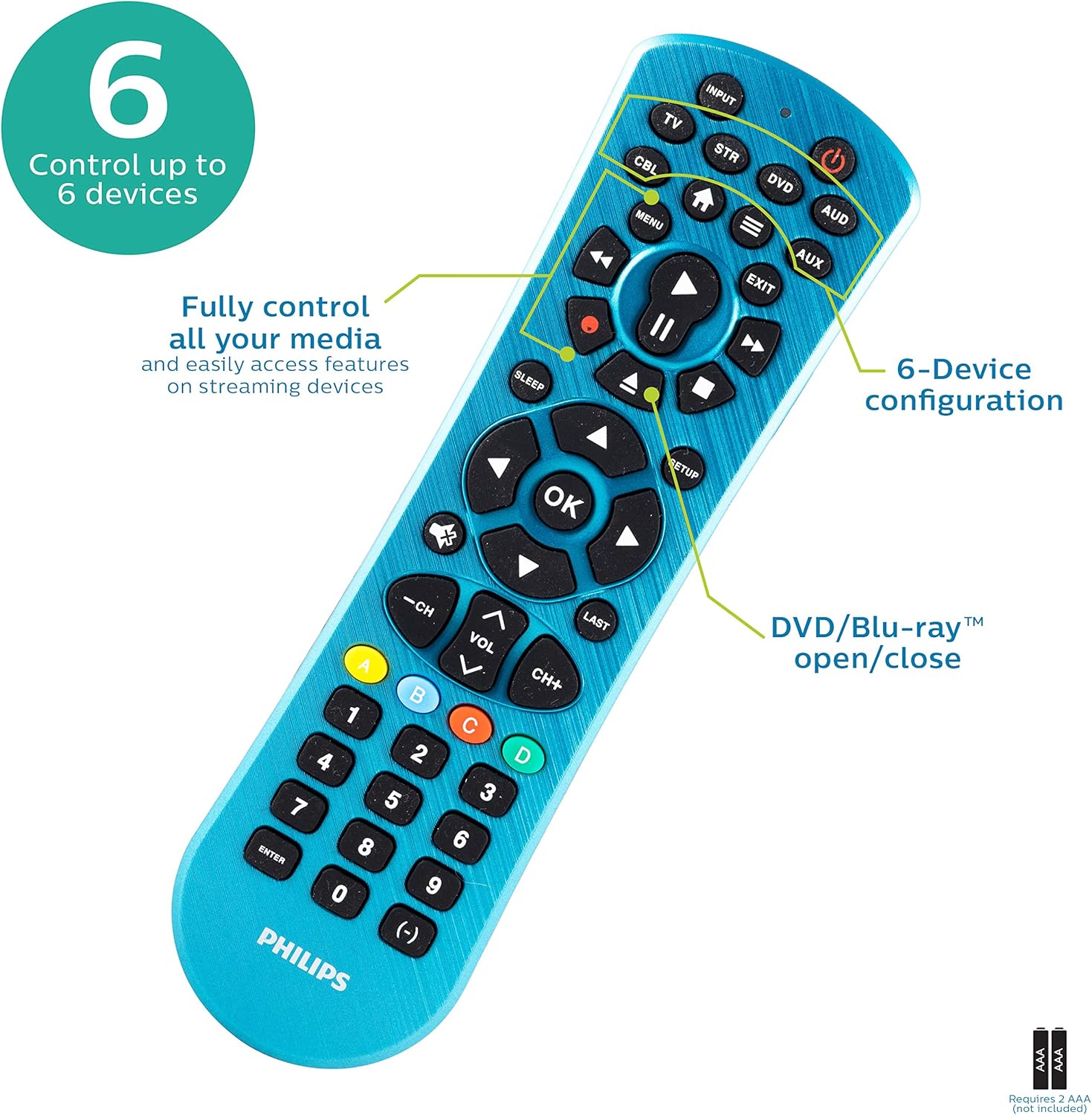Philips Universal Remote Control, Universal TV Remote Replacement, Samsung TV Remote Control Universal, for Roku Remote Replacement, Vizio, LG, Sony, Apple TV, Smart TVs, 6 Device, Blue, SRP6249B/27