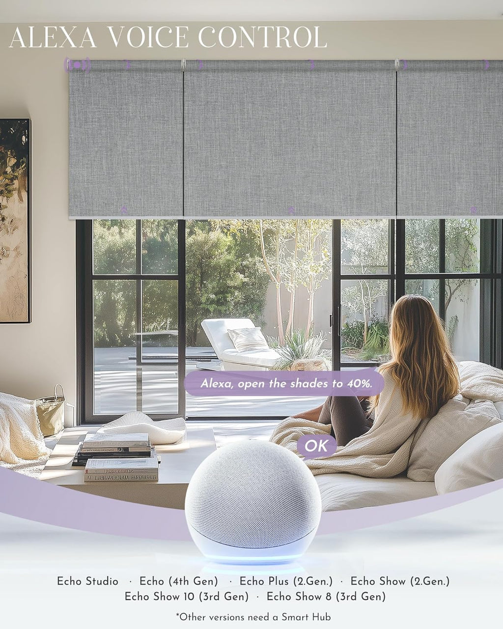Graywind Smart Coupled Roller Shades Compatible with Alexa Google Custom Size Extra Large Motorized Blinds for Windows(Cloudy Grey)
