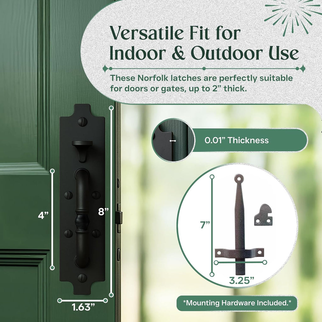Renovators Supply Manufacturing Black Cast Iron Norfolk Door Latches Traditional Gate Or Door 8" Tall Thumb Latches Black Powder Coated Two Sided Gate Latch Locks with Mounting Hardware Pack of 25