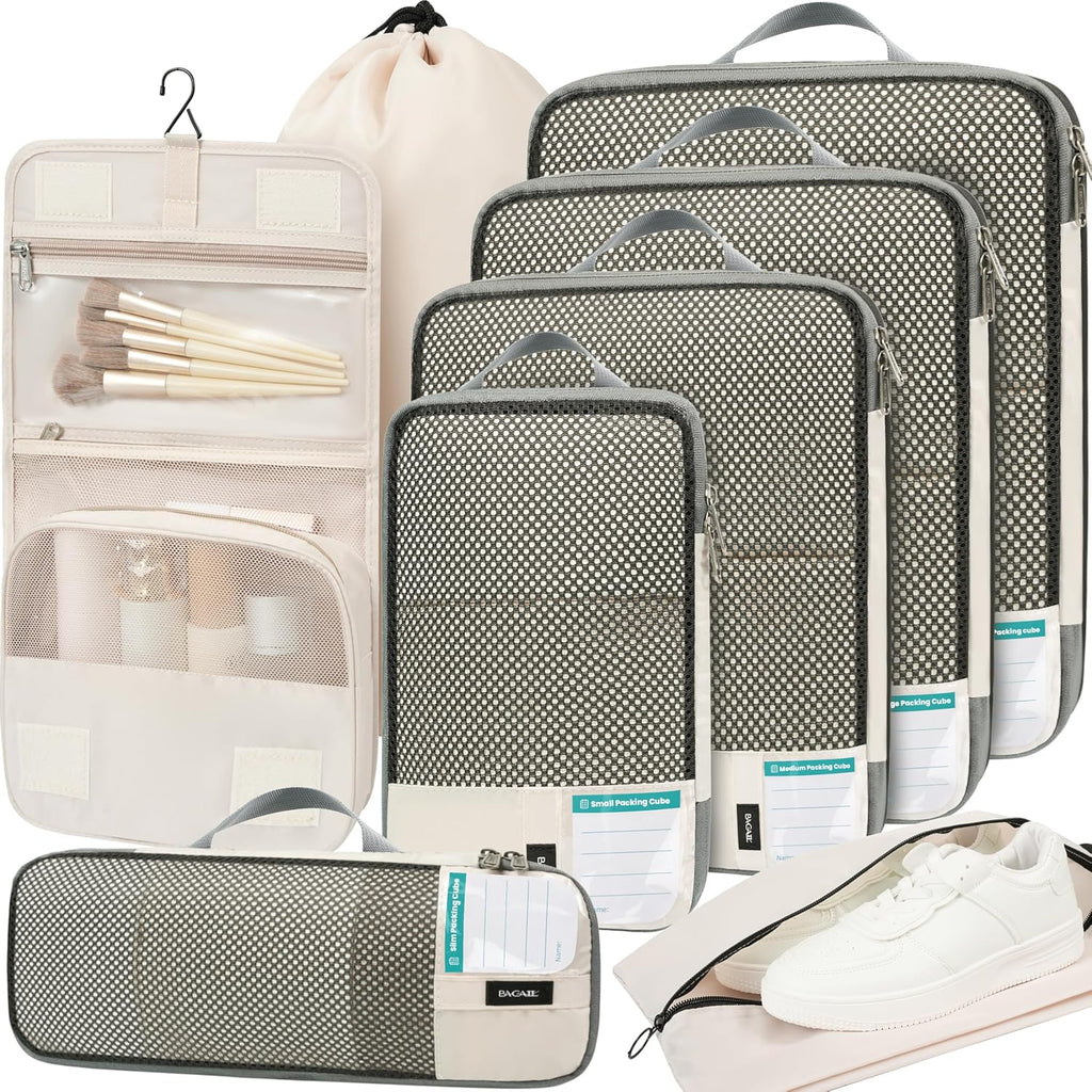 BAGAIL 4 Set/6 Set/8 Set Compression Packing Cubes Travel Accessories Expandable Packing Organizers (Half Mesh, 8-Beige)