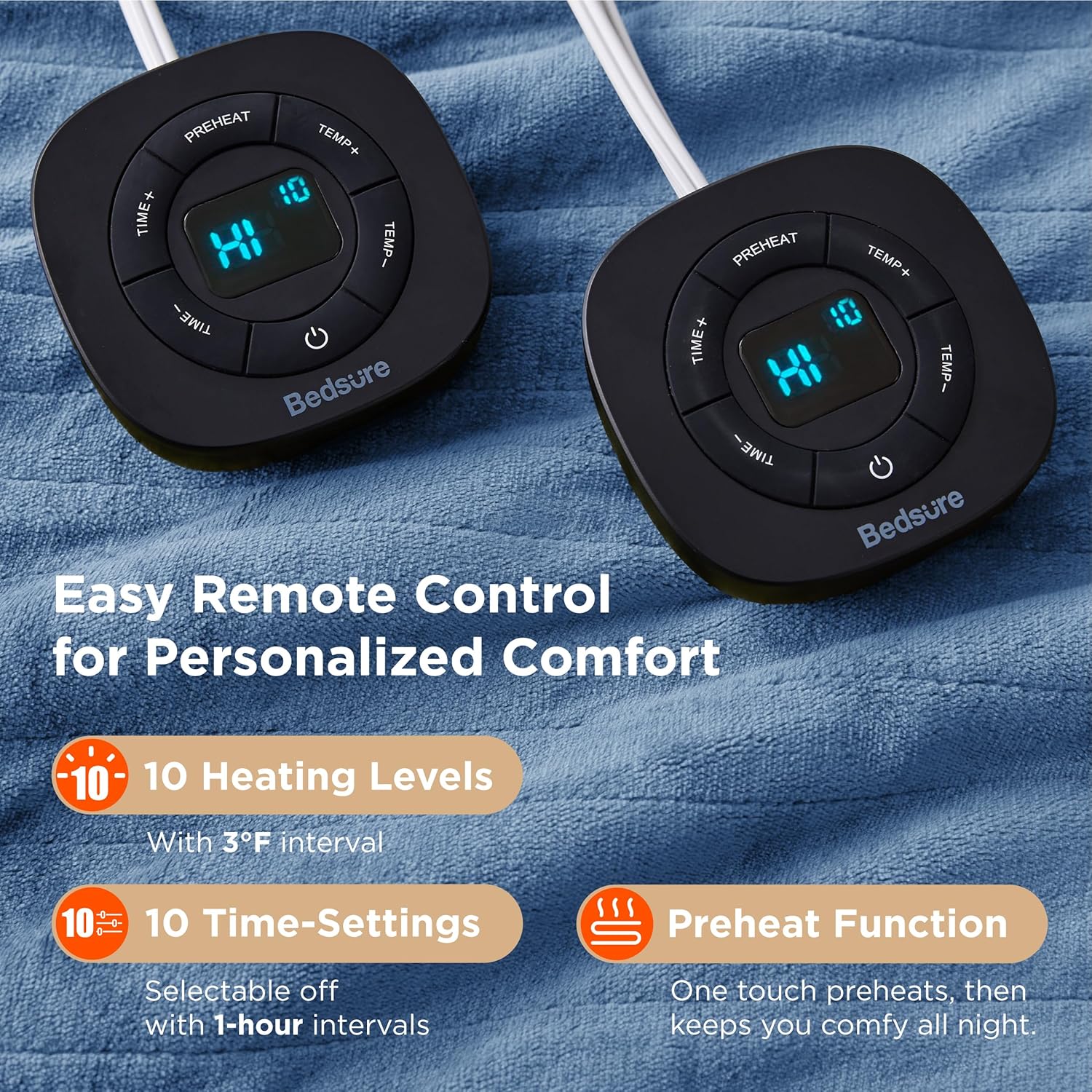 Bedsure Electric Blanket King Size - Dual Control Heated Blanket King Size, Fast Heating with 10 Time Settings & 10 Heat Settings, Warm Gift for Grandma (100x90 inches, Blue)