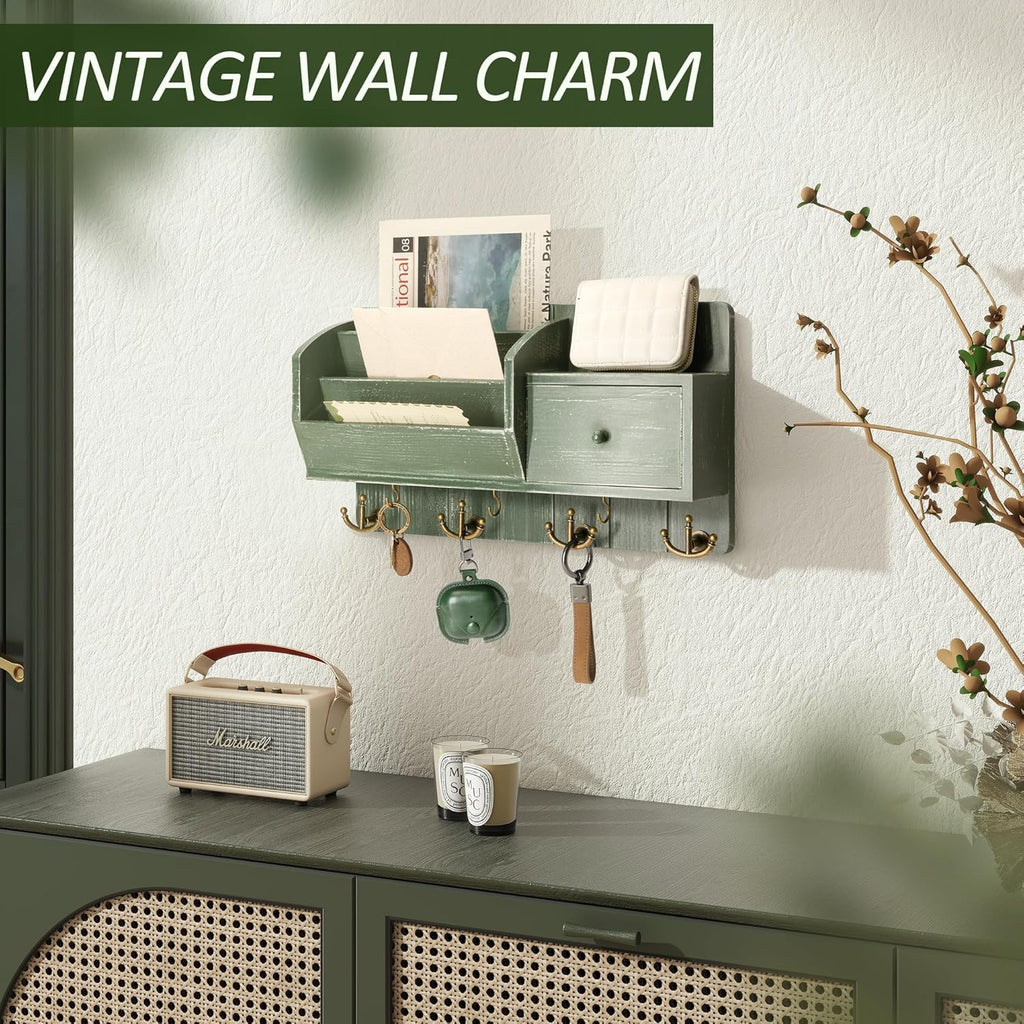 Rebee Vision Farmhouse Key Holder Wall Mount with Mail Sorter - Stylish Mail Organizer with Key Hooks and Drawer Organizer for Home Decor - Rustic Apartment Essentials for Home Improvement (Green)