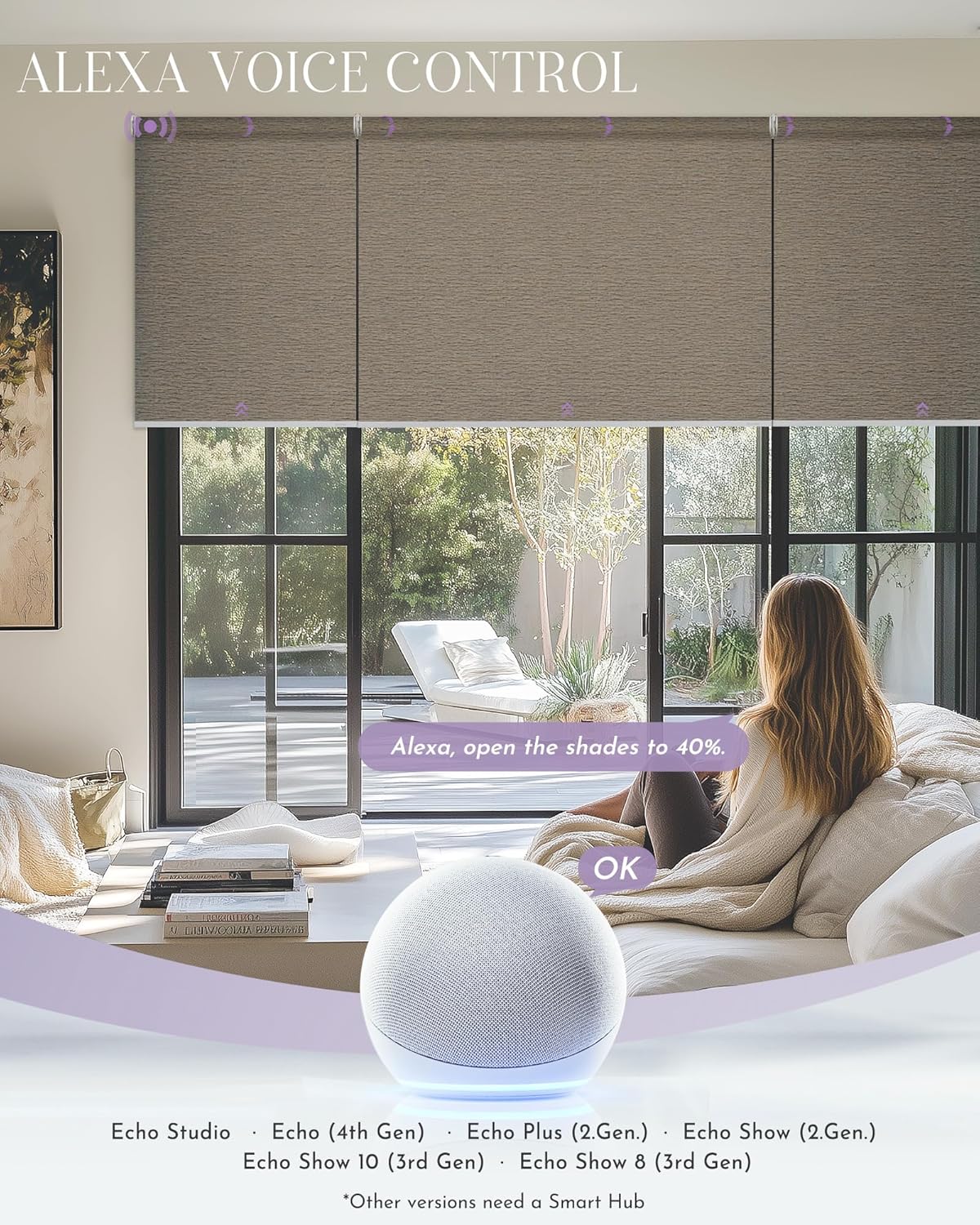 Graywind Smart Coupled Roller Shades Compatible with Alexa Google Custom Size Extra Large Motorized Blinds for Windows(Frequency Sand)