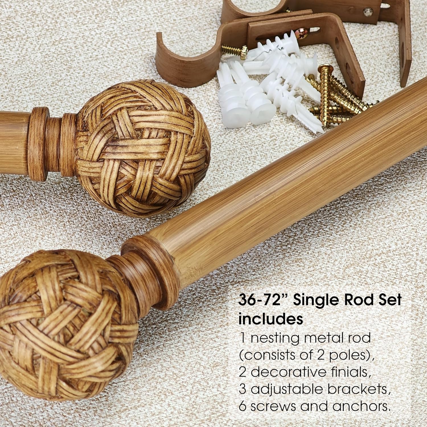 Faux Wood Style Curtain Rod Set with Faux Rattan Look Finial, 36-72 inch, Standard Single Drapery Rod for 1 Pack, 1 inch diameter, Adjustable Length