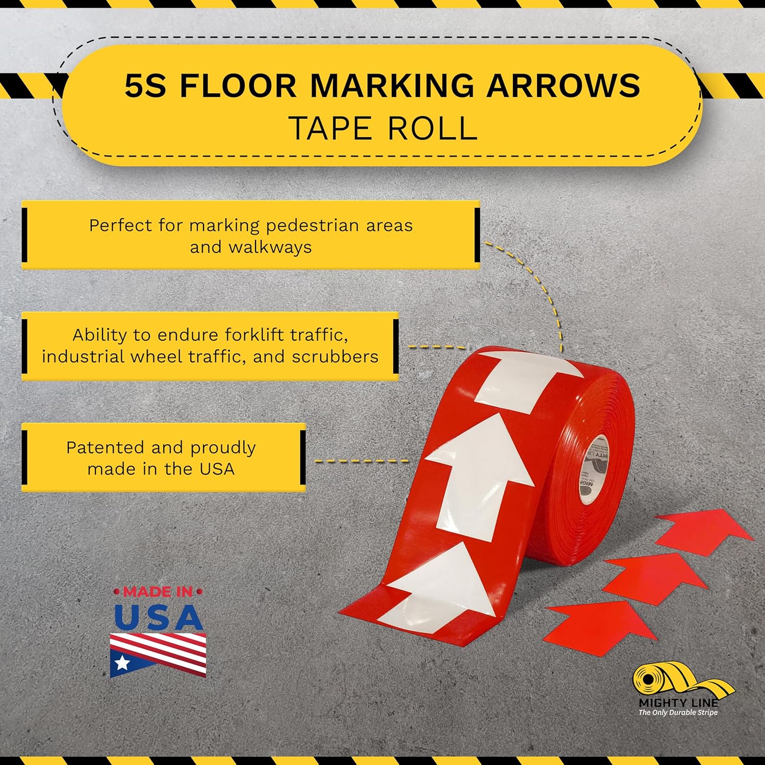Mighty Line 5.5" Wide Solid Arrows Roll, Directional Sticker Sign Floor Marking Tape for Safety, Caution, Warning, Heavy-Duty, Peel and Stick, Adhesive, Industrial Quality, Red, Pack of 200