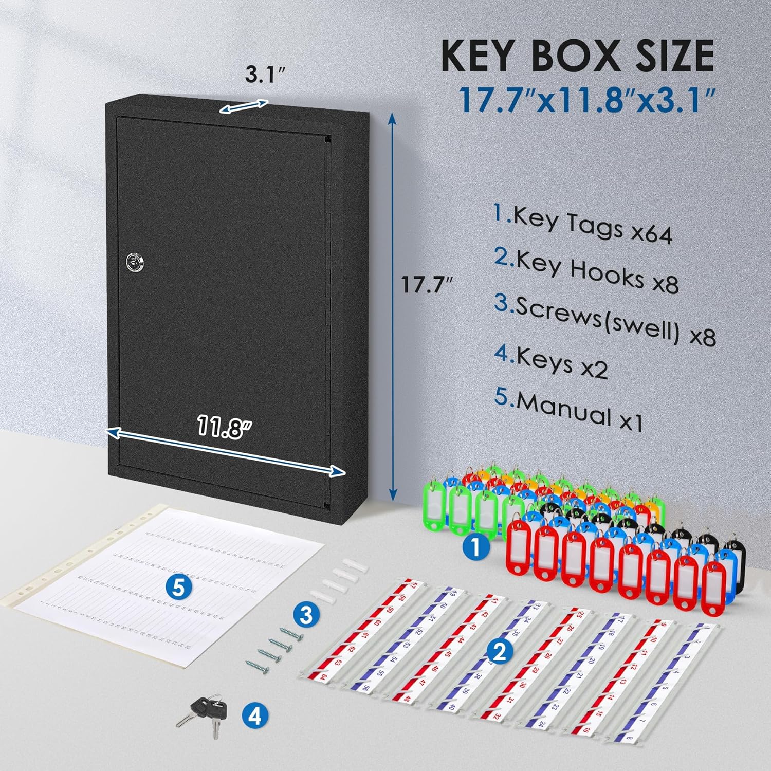 ORIENTOOLS Key Box Steel Key Safe Cabinet, Wall Mount Key Holder Lock Box with Key Tags, Key Organizer Ideal for Home, Hotels, Valets and Office Key Storage (64 Keys, Black)