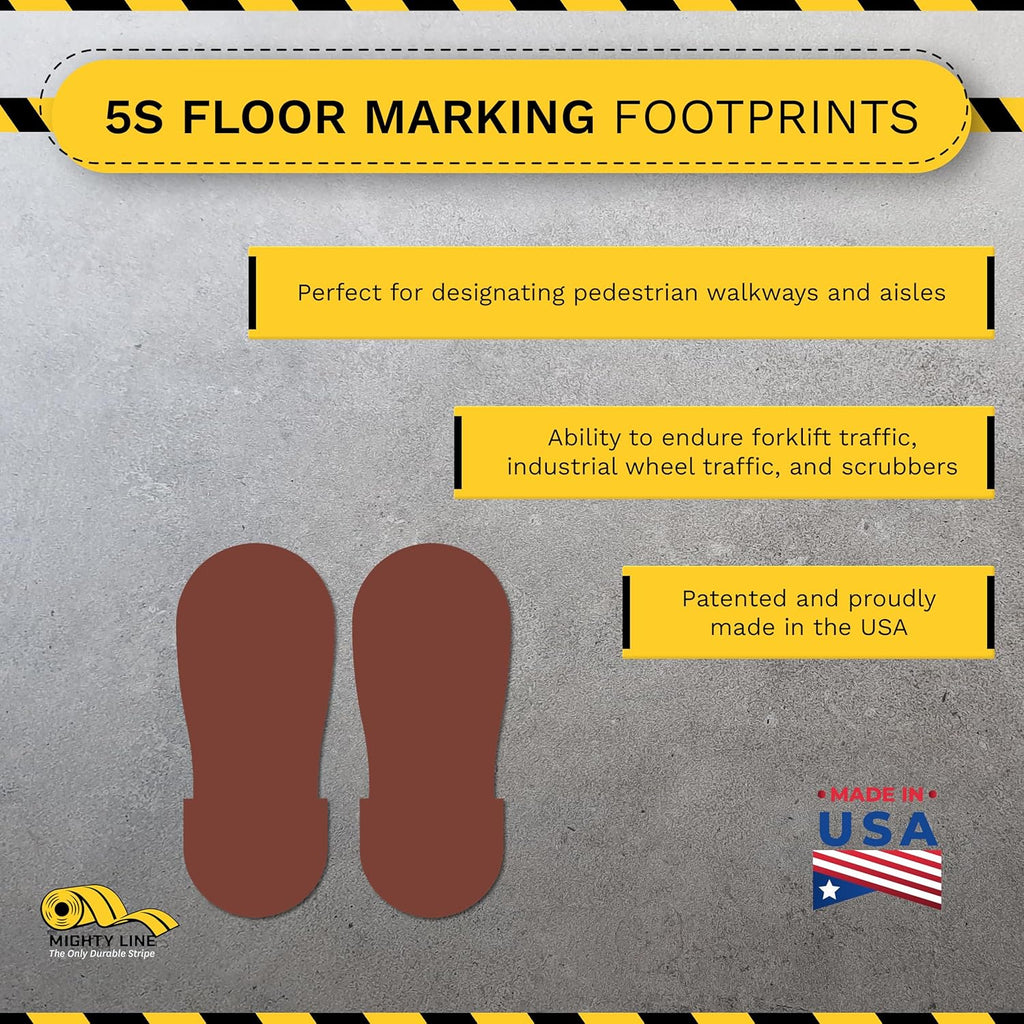 Mighty Line Big Footprints Floor Marking Tape for Safety, Caution, Warning, Heavy-Duty, Peel and Stick, Adhesive, Industrial Quality, 12" Long x 5" Wide, Brown, Pack of 50