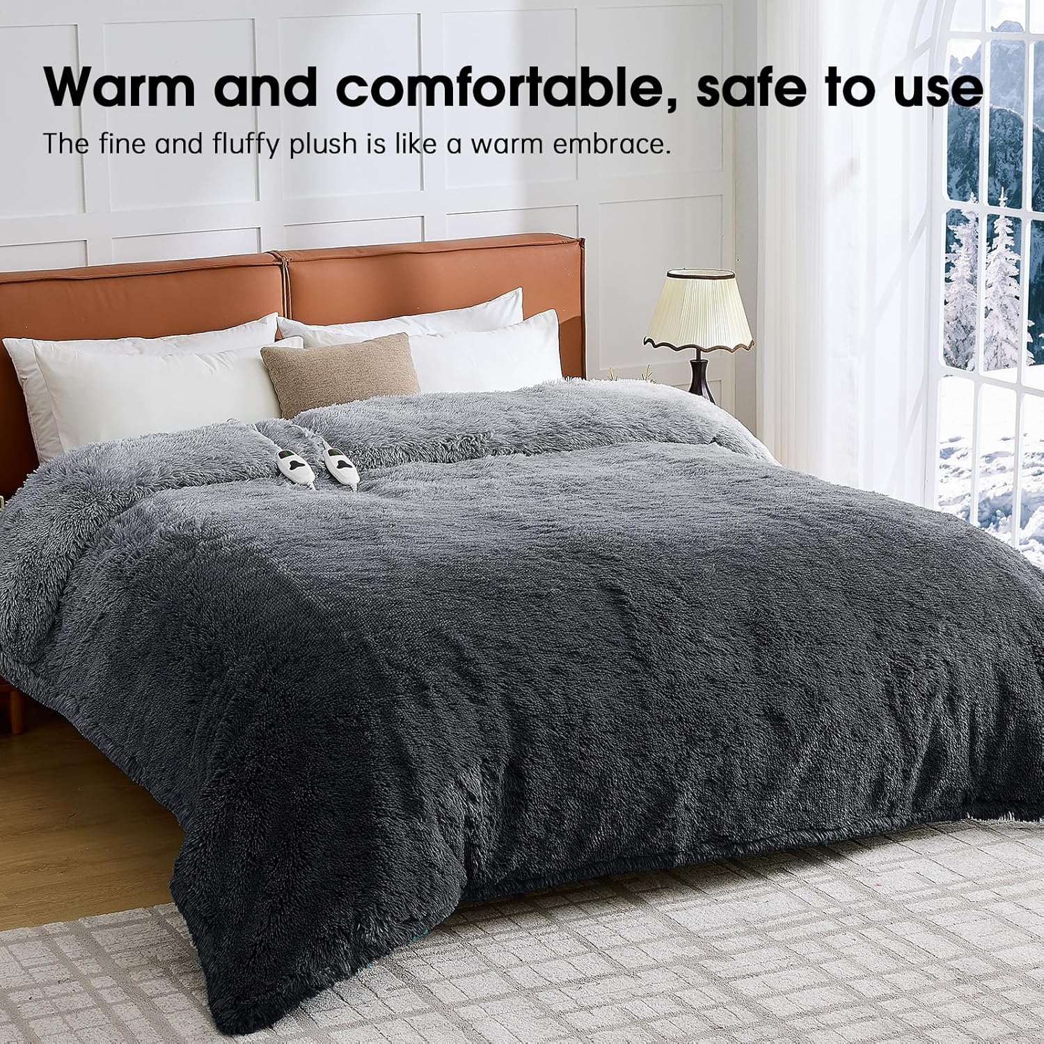Heated Electric Blanket Queen–Faux Fur with Soft Thick SherpaWarm Winter Birthday Gifts for Women Grandma,Dual Control,10 Heat Settings,5 Time Settings, 84x90, Midnight Black