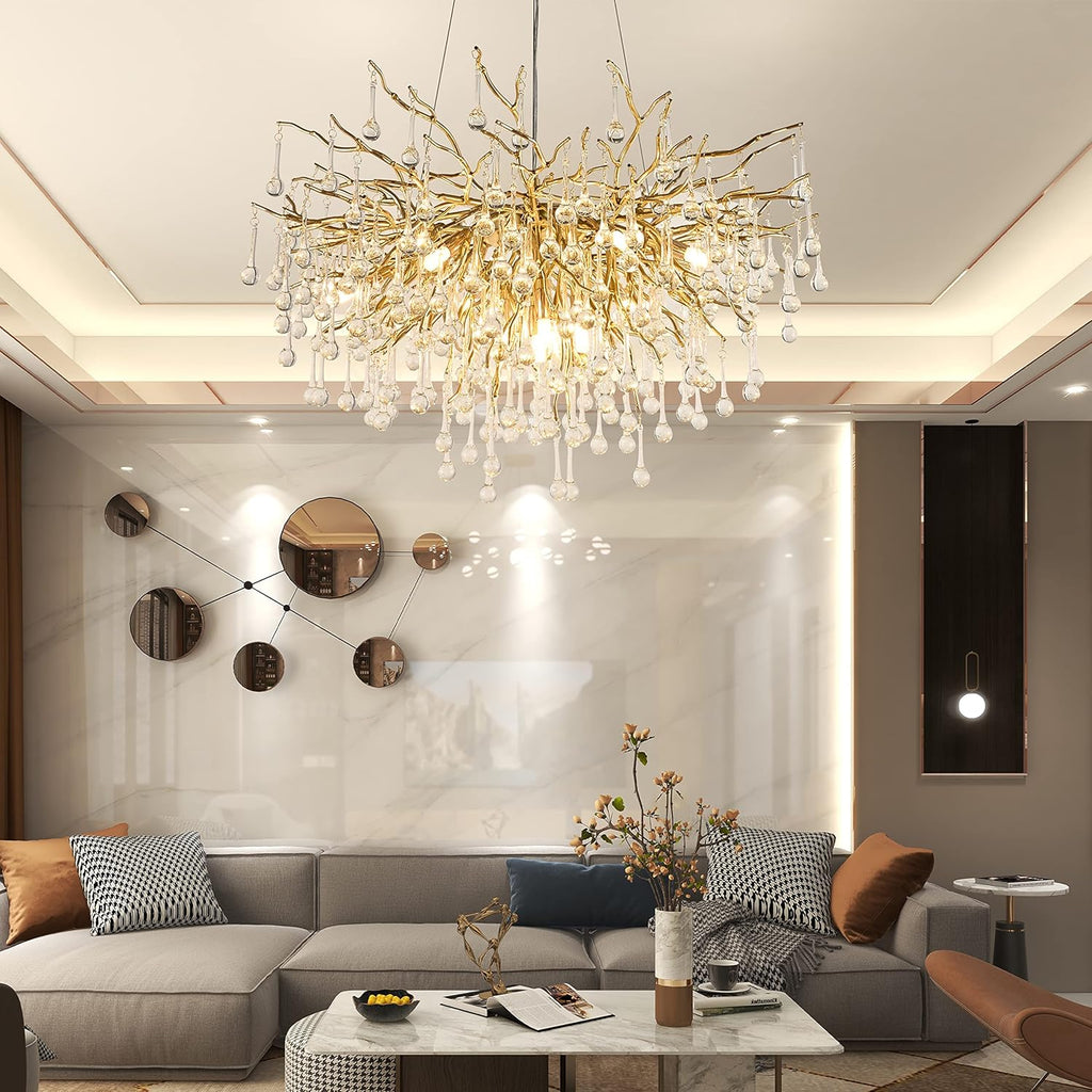 Crystal Chandelier for Dining Room 10-Light Raindrop Chandelier Contemporary Champagn Gold Pendant Light Fixture for Kitchen Island Bar
