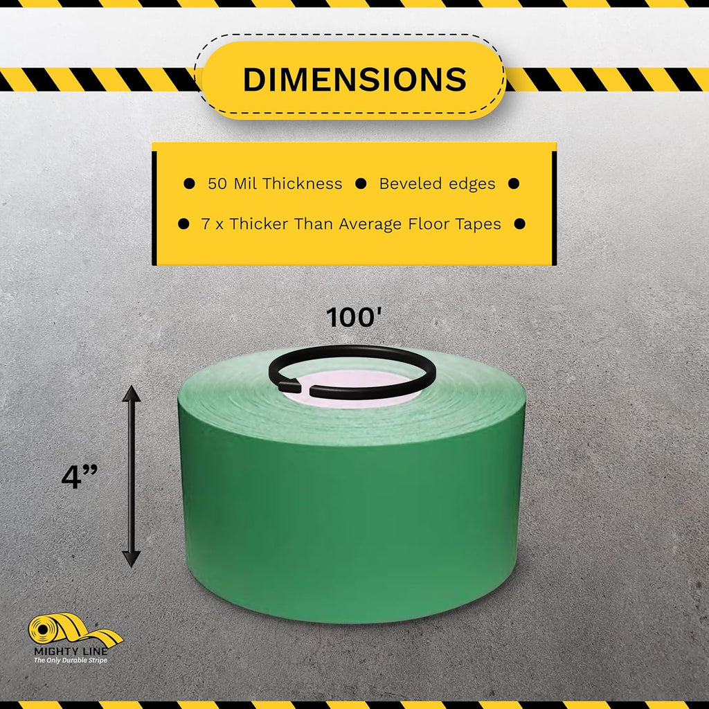 Mighty Line UltraLine Solid Floor Marking Tape for Safety, Caution, Warning, Heavy-Duty, Peel and Stick Adhesive, Beveled Edge Design, Industrial Quality, 4 Inch, 100' Roll, Green