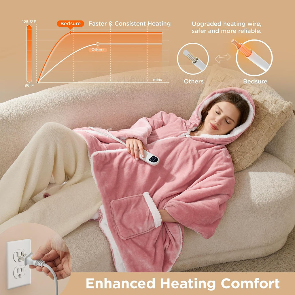 Bedsure Heated Blanket Wearable Shawl - Electric Wrap Poncho Blanket Hoodie for Adult, Winter Gifts for Mom Women Girlfriend, Warm Sherpa Heating Throw, Auto Shut Off, 55x64 inches, Pink