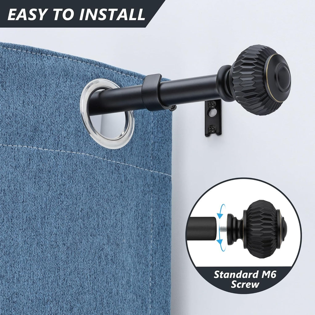 Black Curtain Rods for Windows 66 to 120 Inches 1 Inch Adjustable Heavy Duty Curtain Rods with Lantern Ball Finials,Window Treatment Single Curtain Rod Set