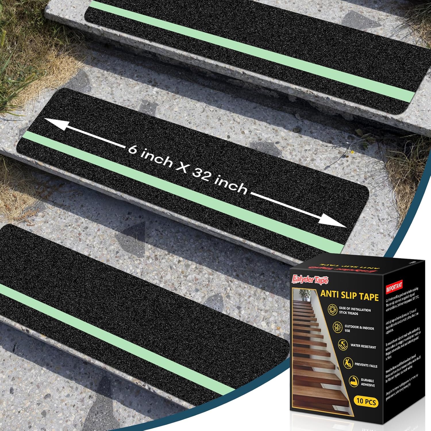 10 Pack 6” x 32” Anti Slip Traction Treads with Glow in The Dark Stripe, Outdoor Waterproof Non Skid Pre-Cut Tape with Roller, High Traction Friction Abrasive Adhesive for Stairs Step