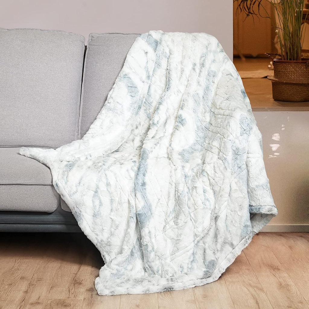 WOOMER Heated Blanket Throw 50" x 60", Electric Blanket Throw with 4 Heating Levels & 4H Auto Off, ETL Certified, Marble Blue Double-Sided Faux Fur, Over-Heat Protect, Machine Washable