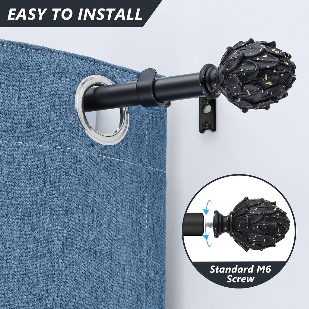 Curtain Rods for Windows 28 to 48 Inches 6/8 Inch Diameter Adjustable Drapery Rods Decorative Single Window Curtain Rods with Classic Finials,Black