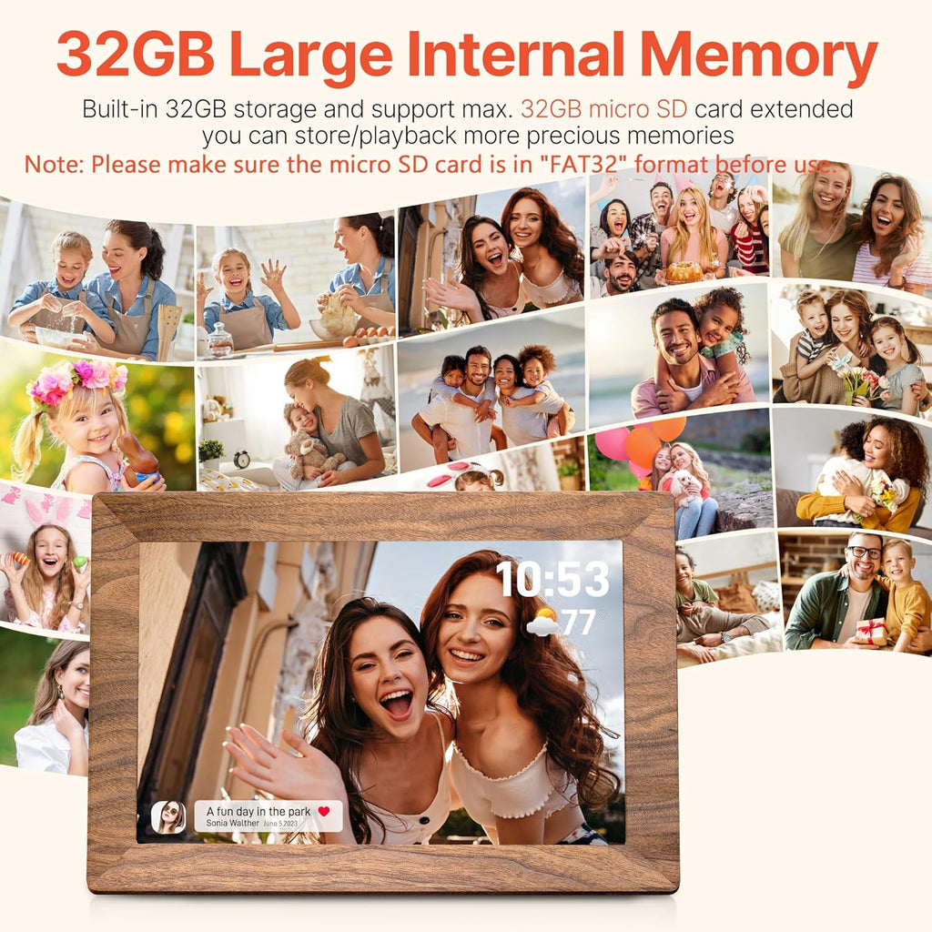 Frameo 10.1" Digital Picture Frame with 32GB Memory WiFi Electronic Photo Frame Wood 1280 x 800 IPS Touch Screen Auto-Rotate Slideshow Wall Mountable Share Photos/Video Remotely Anywhere
