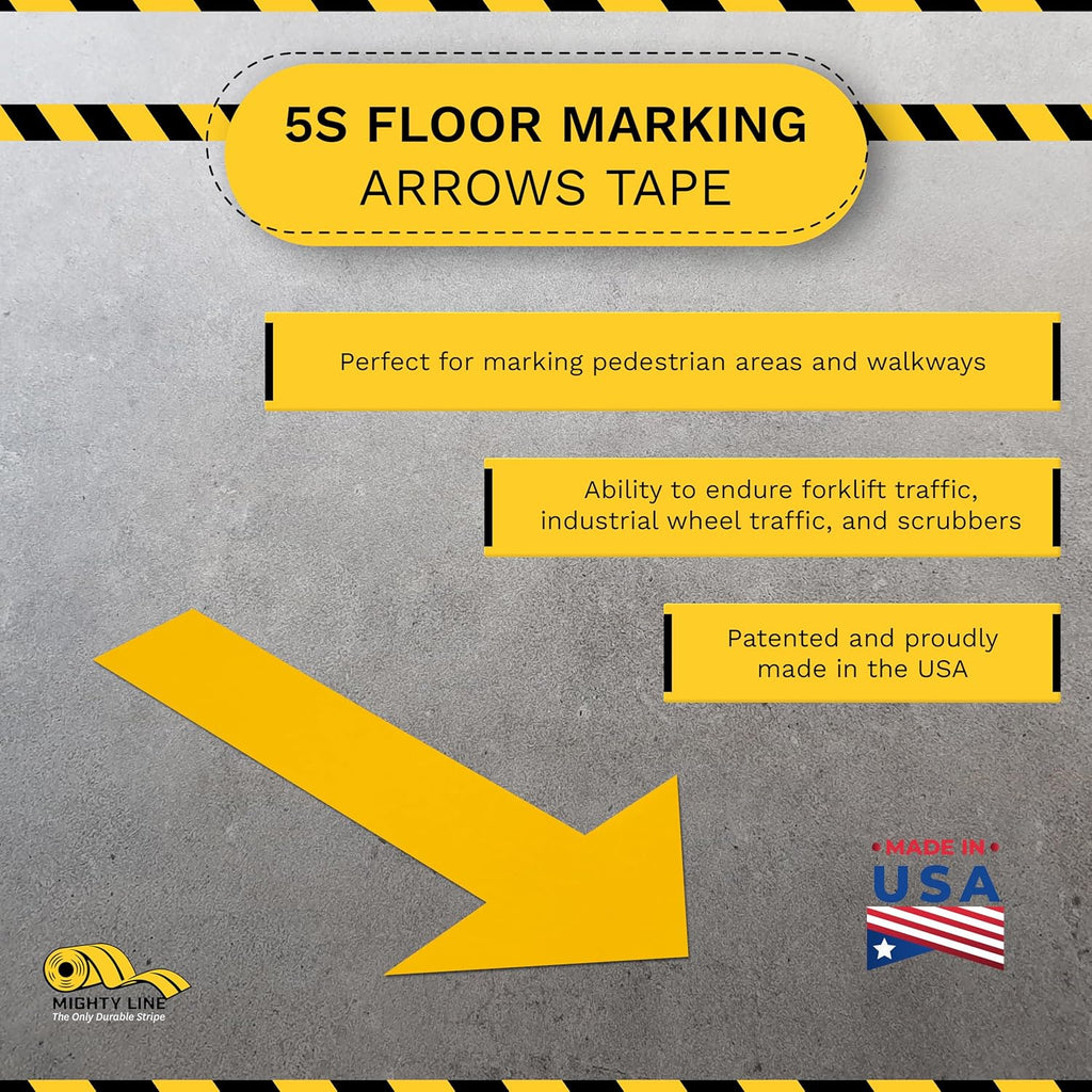Mighty Line Solid Arrows Directional Sticker Sign Floor Marking Tape for Safety, Caution, Warning, Heavy-Duty, Peel and Stick, Adhesive, Industrial Quality, Yellow, 10" by 6", Pack of 50