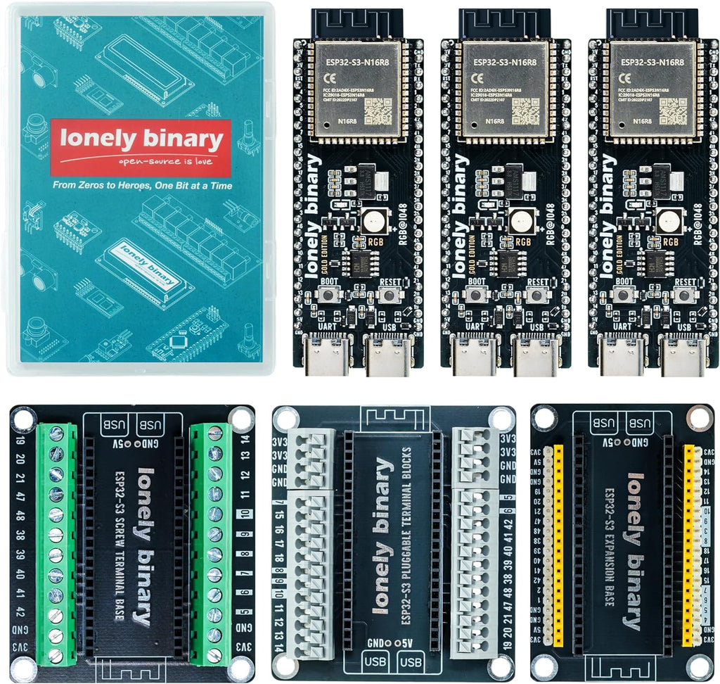 3-Pack ESP32-S3 N16R8 Gold Edition Kit with 16MB Flash, 8MB PSRAM, Expansion Boards, Terminals, Data Cable & Tutorials - Lead-Free Gold Finish Compatible with Arduino IDE & MicroPython