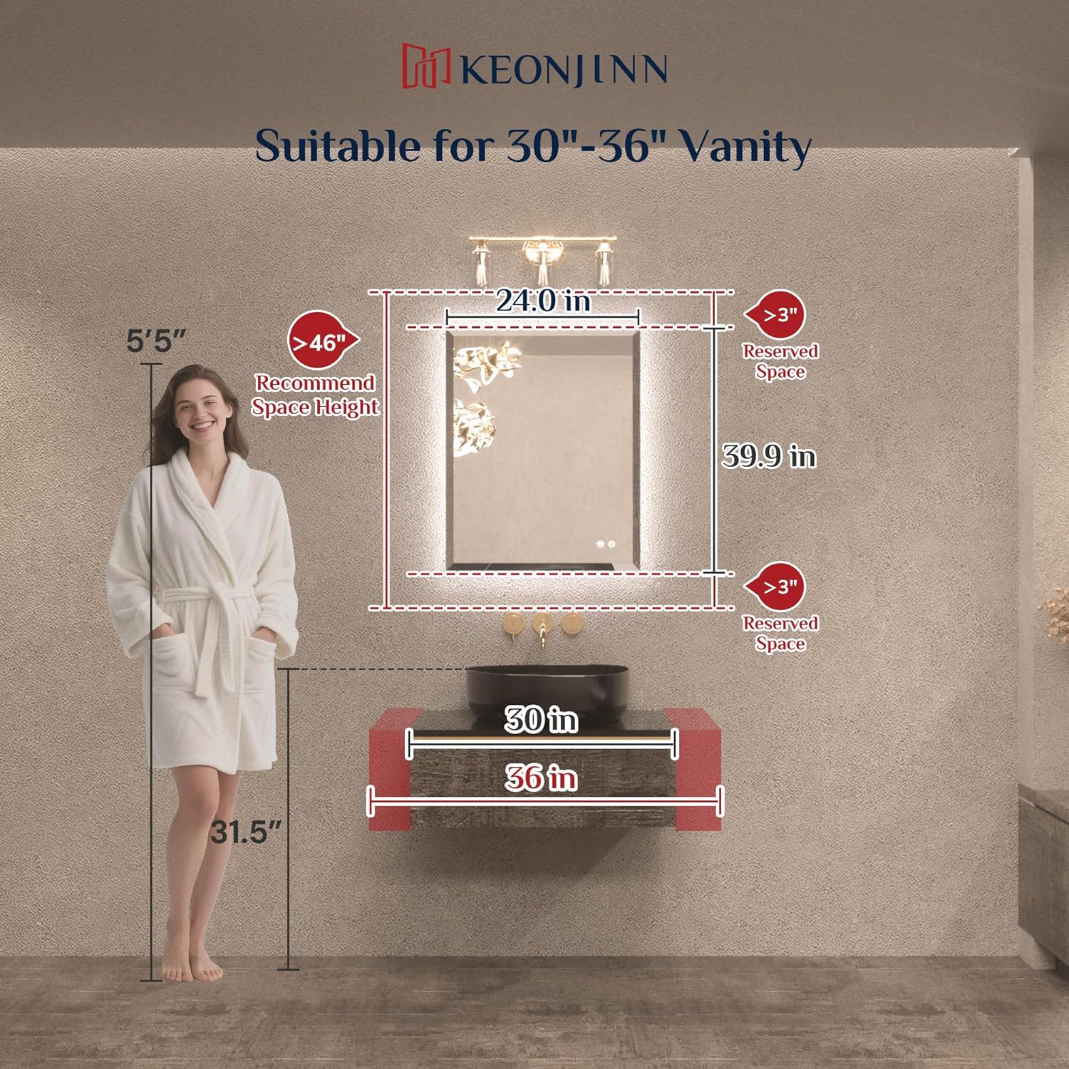 Keonjinn LED Mirror Backlit 24 x 30 Inch, Beveled Bathroom Mirror with Backlight, UL-Listed, Safe Tempered Glass, 3 Color Lights, Dimmable, Defogging, Frameless Lighted Vanity Mirrors for Wall