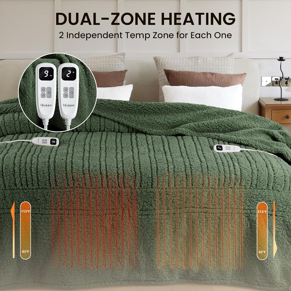 Heated Blanket Electric Blanket King - Fast Heating Blanket Throw Dual Control Double Sided Sherpa with 10 Heating Levels & 2-10 Hours Auto Off, Mashine Washable, 90 x 100 Inches, Green