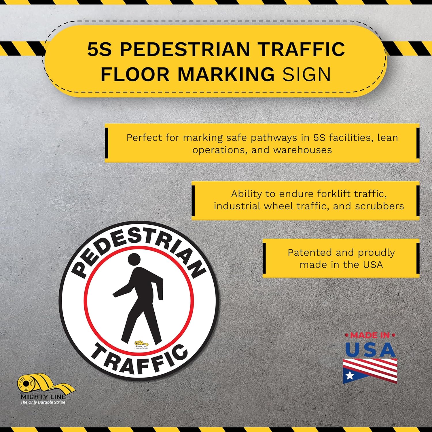 Mighty Line Pedestrian Traffic Crossing Walkway Floor Sign for Safety, Caution, Warning, Heavy-Duty, Peel and Stick, Adhesive, Industrial Quality, 12"
