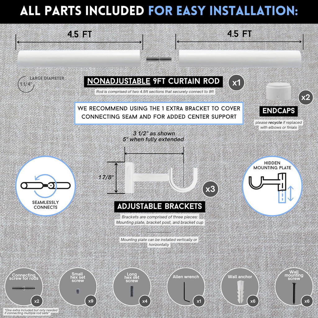 BlastHome® Non-Adjustable Luxury Curtain Rods for Windows, 1 ¼” Rod Set, 9 foot Fixed Length (Two Rods Connect for a Seamless Look), Brushed White