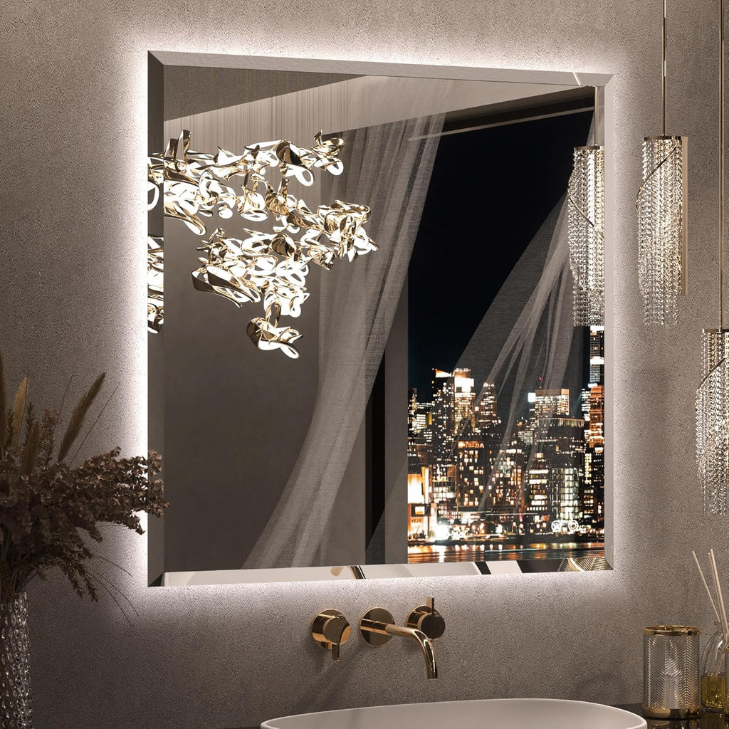 Keonjinn 36 x 36 Inch Square LED Mirror with Backlight, Backlit Bathroom Mirror Beveled Edge, HD Tempered Glass, UL-Listed LED Driver, 3 Color Lights, Safe Defogging, Dimmable, Decorative Mirror