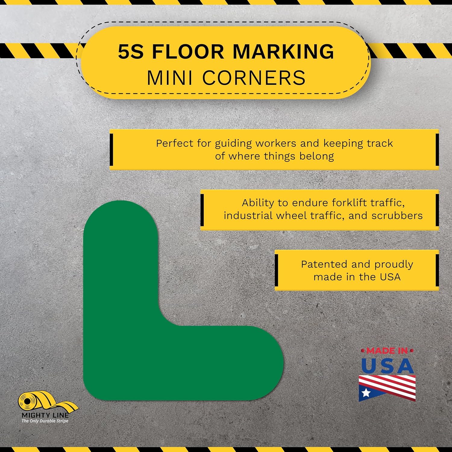 Mighty Line 3/4" Wide Solid Mini Corner Marker Floor Marking Tape, Heavy-Duty, Peel and Stick, Adhesive, Industrial Quality, Green, Pack of 108