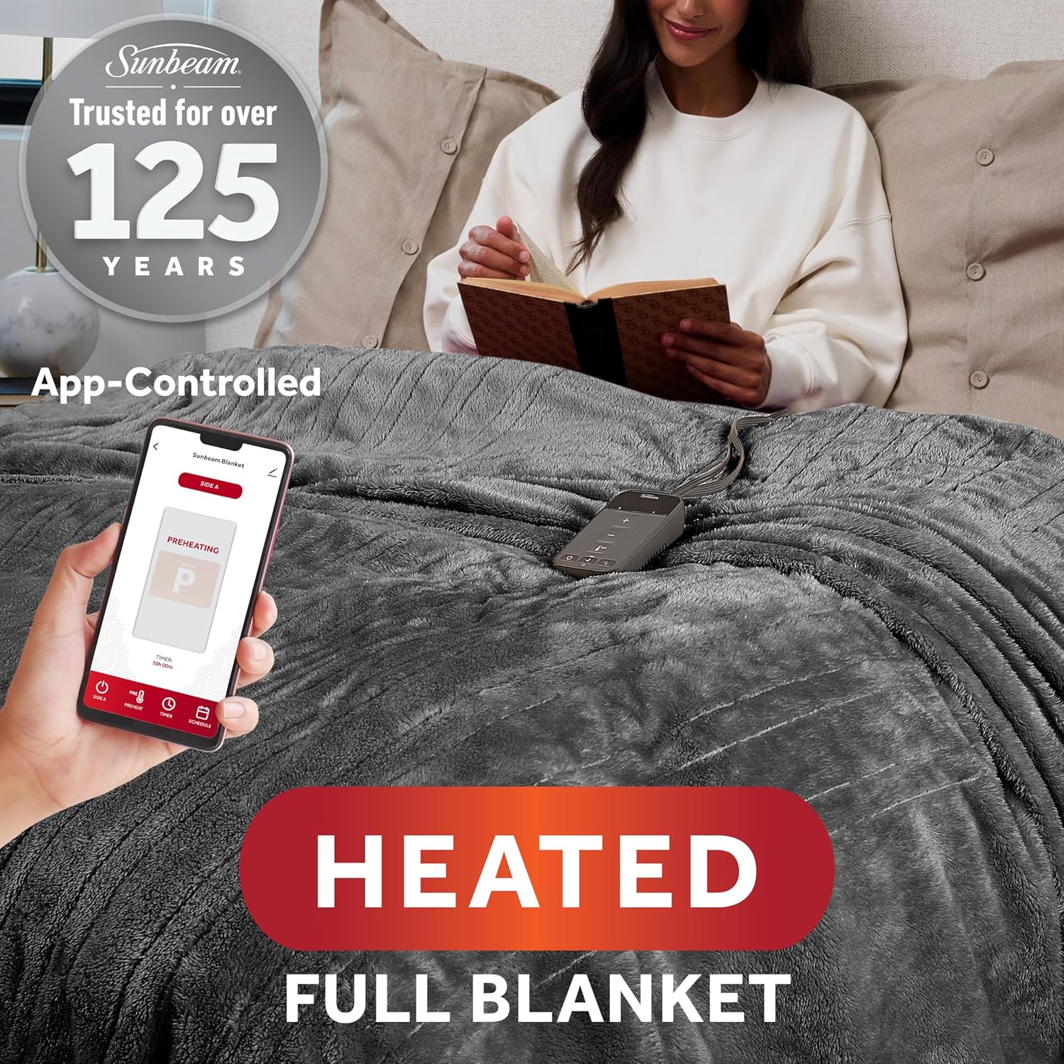 Sunbeam Electric Wi-Fi Connected Loftec Electric Heated Blanket, 10 Heat Settings, 10-Hour Auto Off, Fast Heating, Smart Heating Blanket, Voice & Wired Controller, Night Fog Grey, Full, 84" x 72"