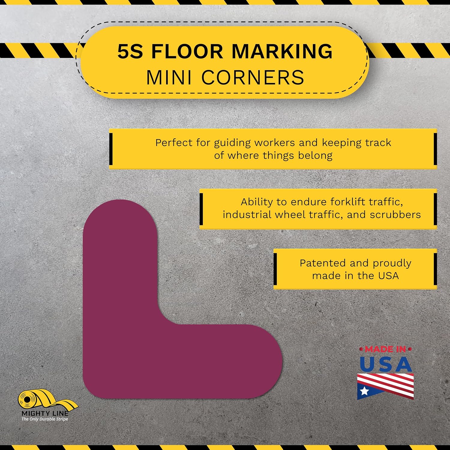 Mighty Line 3/4" Wide Solid Mini Corner Marker Floor Marking Tape, Heavy-Duty, Peel and Stick, Adhesive, Industrial Quality, Purple, Pack of 108