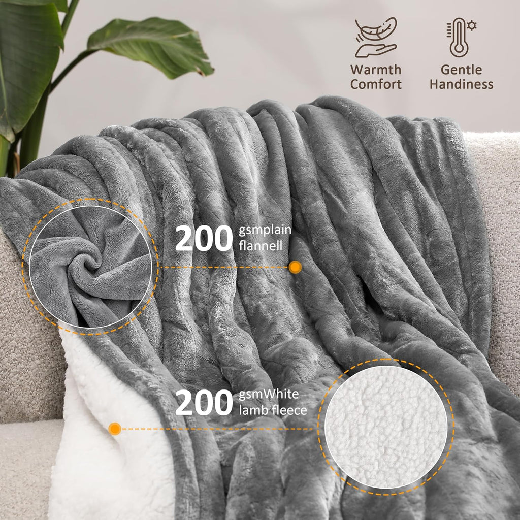 SUNVIVI Heated Blanket Queen Size, Electric Throw Dual Control, 5 Years Warranty, 10 Heat Settings, 12 Hours Auto Off, Soft Flannel and Sherpa, Machine Washable, ETL Certified,Grey