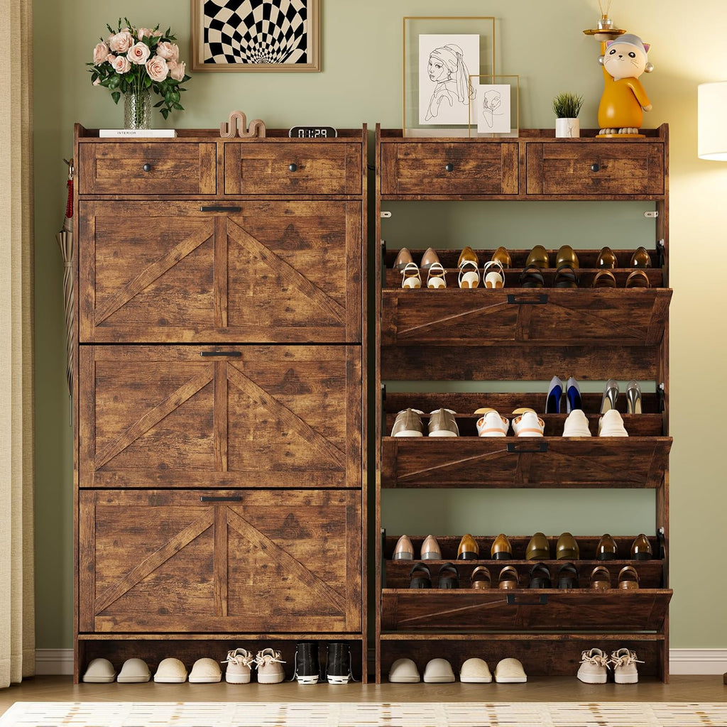 Shoe Storage Cabinet for Entryway, Farmhouse Narrow Shoe Cabinet with 3 Flip Drawers & 2 Top Drawers, Adjustable Shelves & Hooks, Freestanding Hidden Rack Organizer for Hallway, Foyer