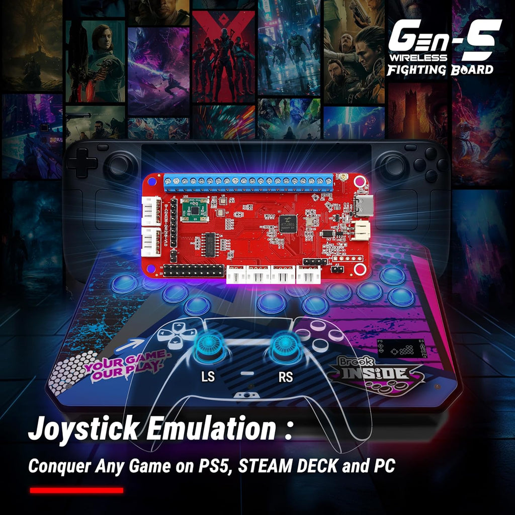 Brook Gaming Gen5W Fighting Board – Wireless Compatible Controller Board for P5, PC & Steam Deck | Ultra-Low Latency | Turbo, Macro & RGB Customization (Exclusive Version) (Gen5W)