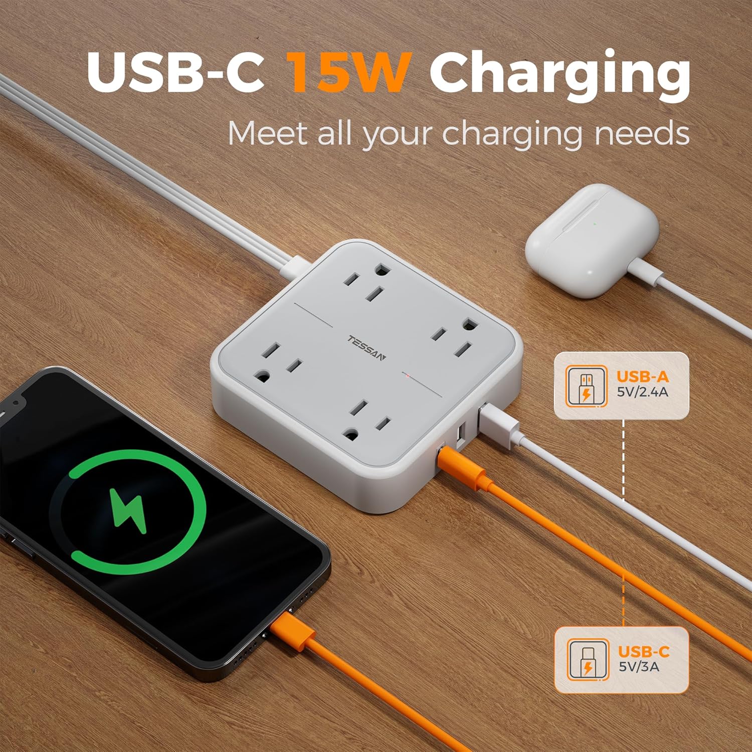 Extension Cord 10 ft, TESSAN Surge Protector Power Strip Long Cord with 3 USB(1 USB C) 4 Outlets, 900 Joules Protection, Small Desktop Multiple Charging Station for Home School Dorm Room Office, Grey