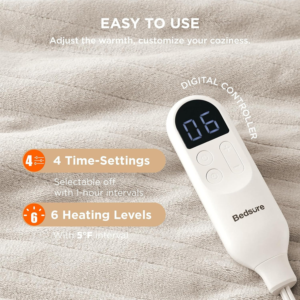 Bedsure Heated Blanket Throw Blanket - Fast Heating Electric Blanket, Soft Flannel Heated Throw with 4 Time Settings, 6 Heating Settings, Warm Gifts for Grandma (50x60 inches, Cream)