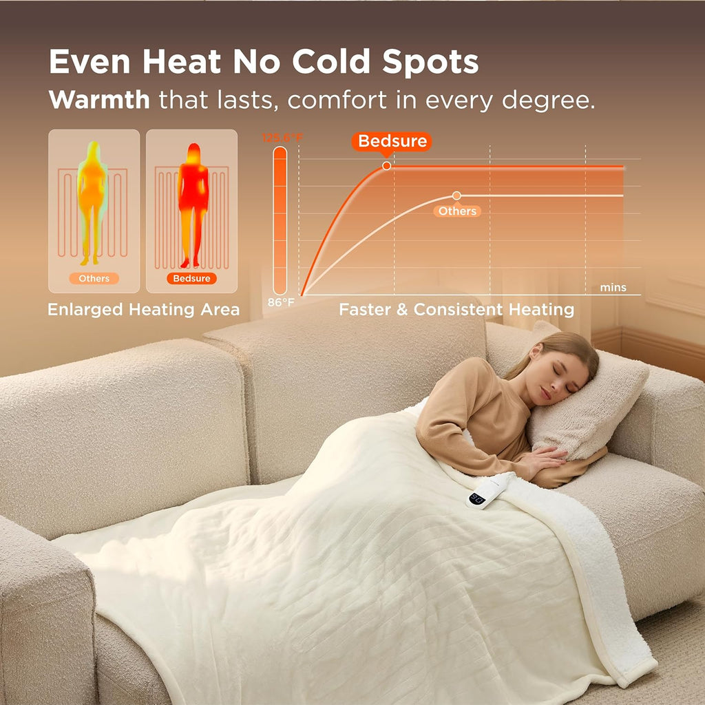 Bedsure Heated Blanket Throw Blanket - Fast Heating Electric Blanket, Soft Flannel Heated Throw with 4 Time Settings, 6 Heating Settings, Warm Gifts for Grandma (50x60 inches, Ivory)