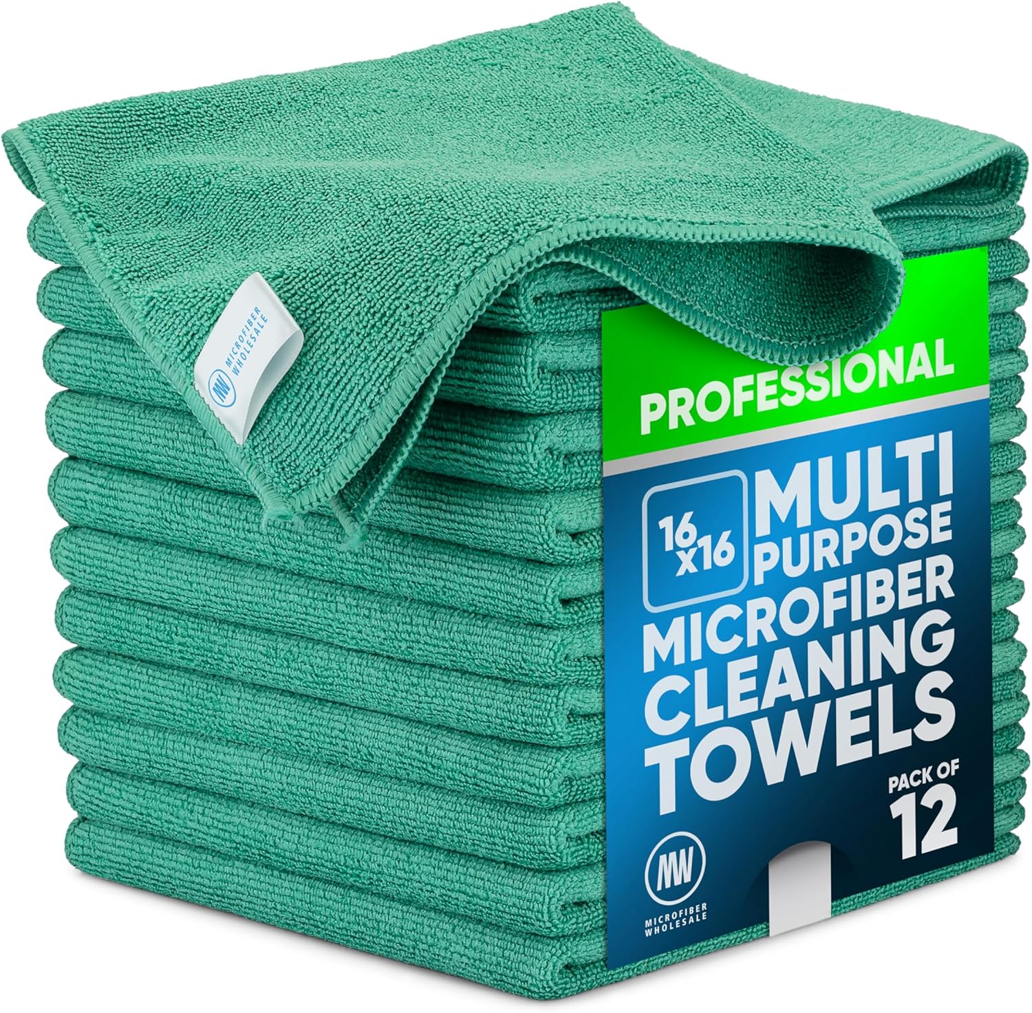 MW Pro Microfiber Cleaning Cloth | Green (12 Pack) | Size 16" x 16" | All Purpose Microfiber Towels - Clean, Dust, Polish, Scrub, Absorbent