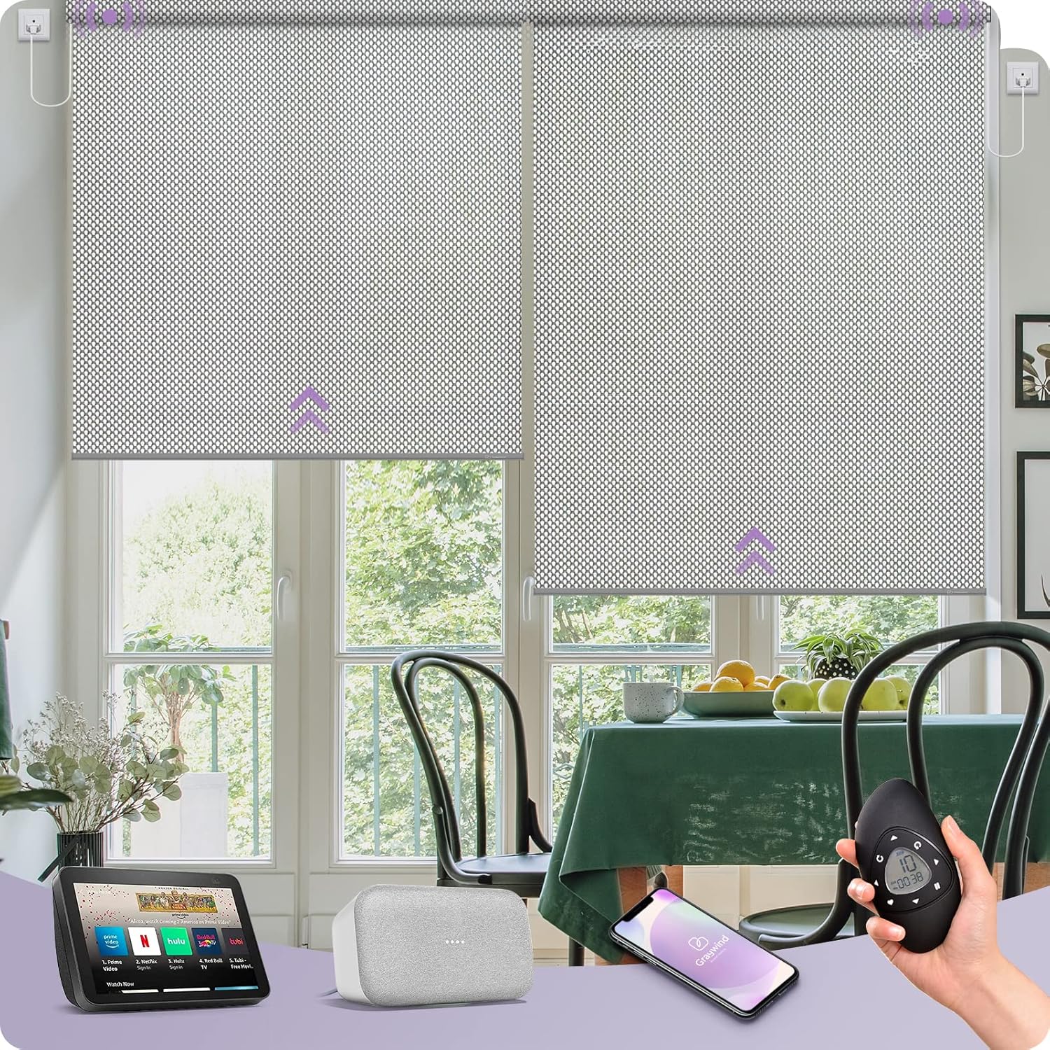 Graywind Motorized Roller Shades Compatible with Alexa Google Hardwired WiFi Smart Light Filtering Blind Remote Automated Blinds Electric Window Shade, Custom Size (3% Openness Solar Silver)