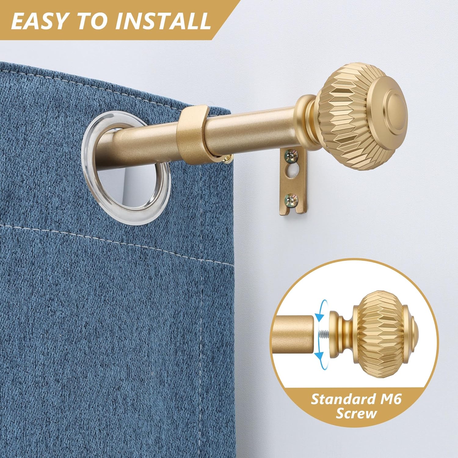Gold Curtain Rods for Windows 66 to 120 Inches 1 Inch Adjustable Heavy Duty Curtain Rods with Lantern Ball Finials,Window Treatment Single Curtain Rod Set