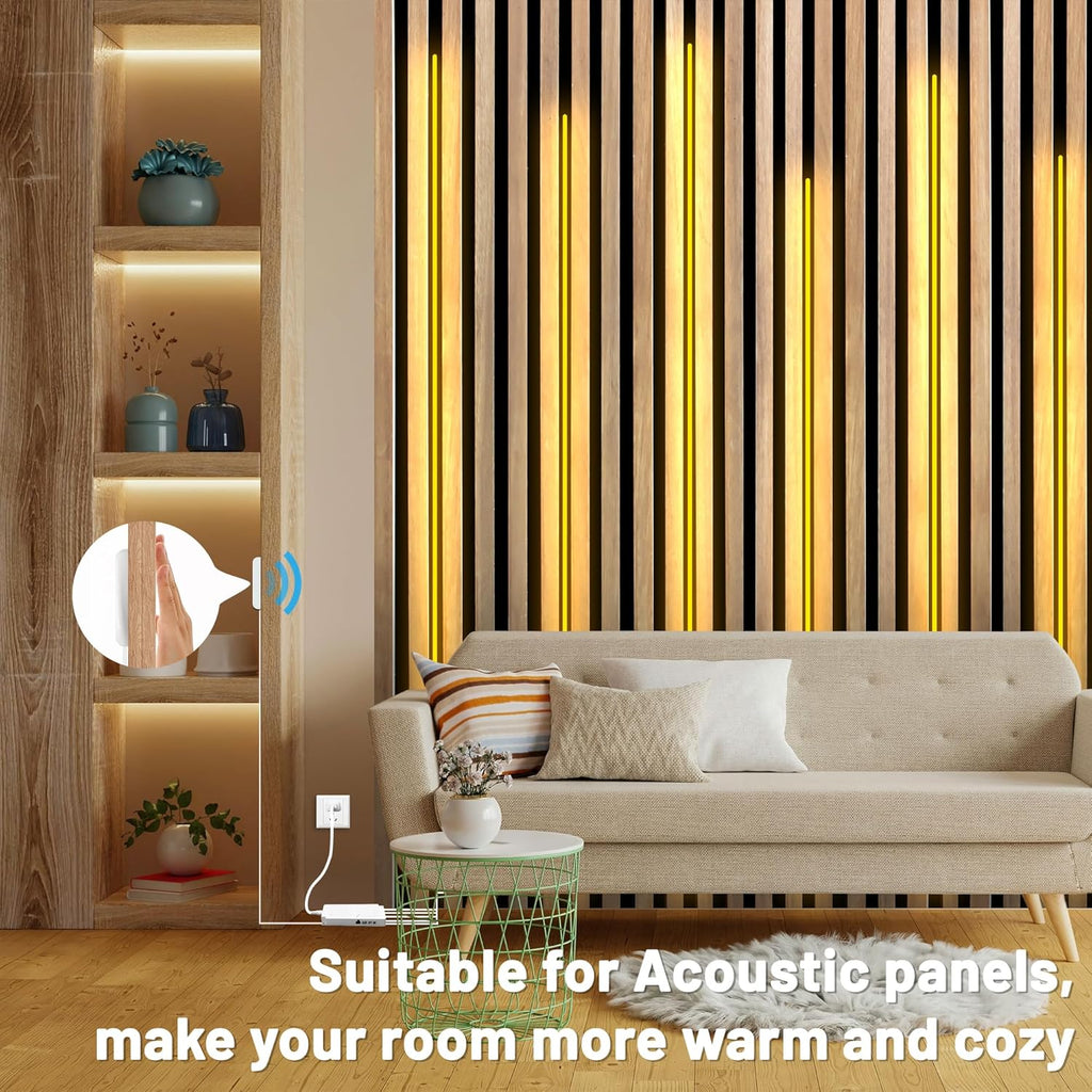 Lichaser 6.56ft COB LED Strip Light, 6 Rolls of 3000K Flexible COB LED for Acoustic Panel and Wood Slat Wall Panels Parallel with Dimmable Touch Sensor Switch, Cuttable for Wood Slat Lighting, Shelf