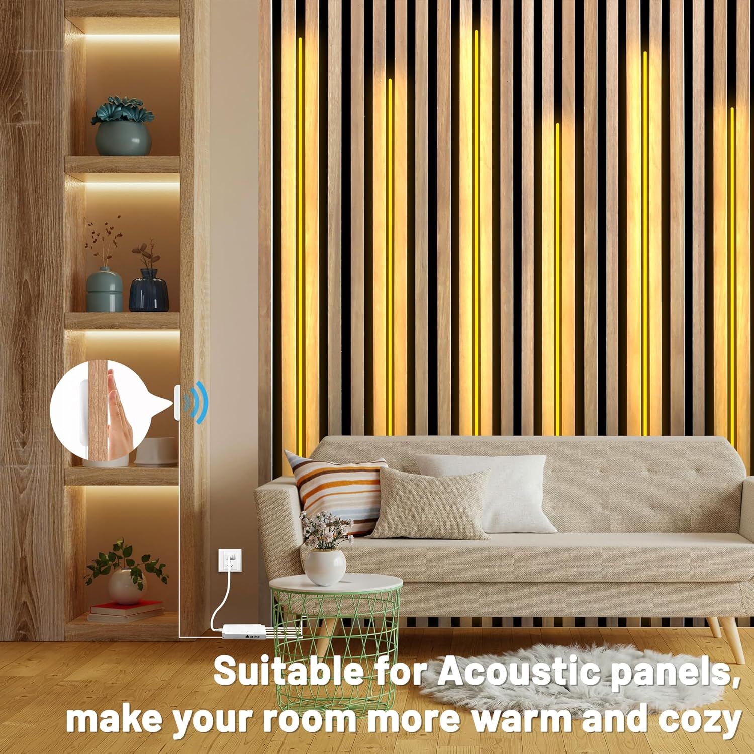 Lichaser 6.56ft COB LED Strip Light, 6 Rolls of 3000K Flexible COB LED for Acoustic Panel and Wood Slat Wall Panels Parallel with Dimmable Touch Sensor Switch, Cuttable for Wood Slat Lighting, Shelf