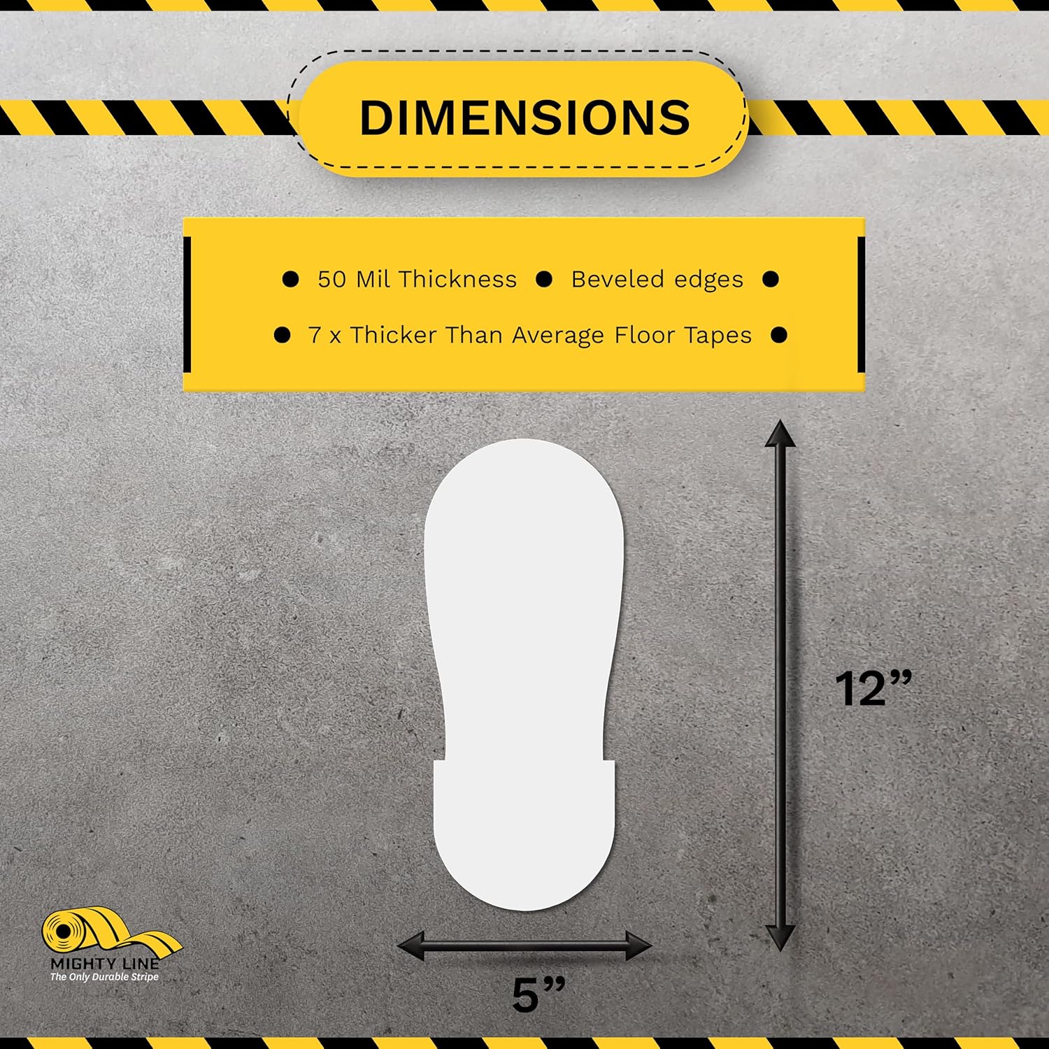 Mighty Line Big Footprints Floor Marking Tape for Safety, Caution, Warning, Heavy-Duty, Peel and Stick, Adhesive, Industrial Quality, 12" Long x 5" Wide, White, Pack of 50