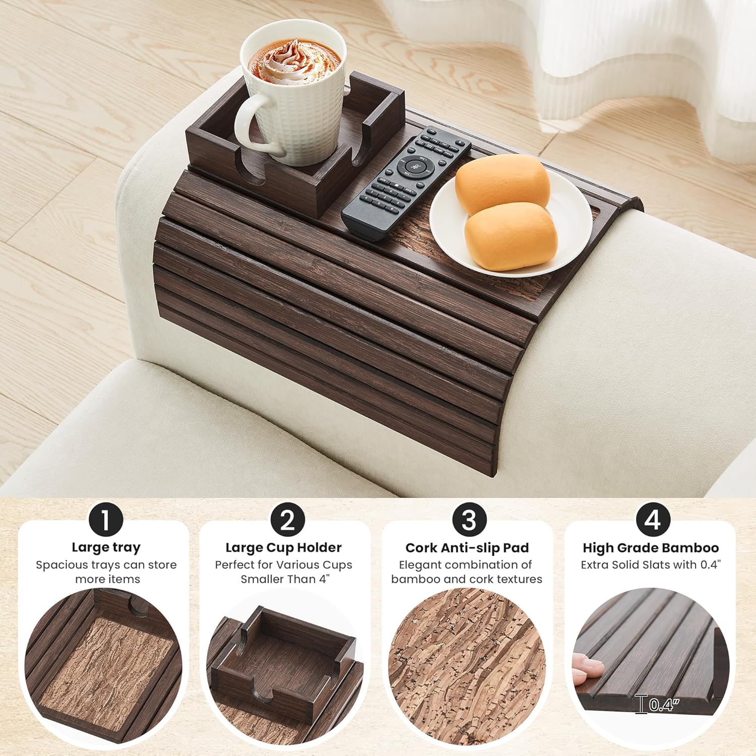 Bamboo Sofa Arm Tray Table, Foldable Couch Cup Holder, Anti-Slip Wide Couch Arm Tray Aremrest Table for Drink, Cup, Remote, Snacks, Cellphone, Portable, Brown