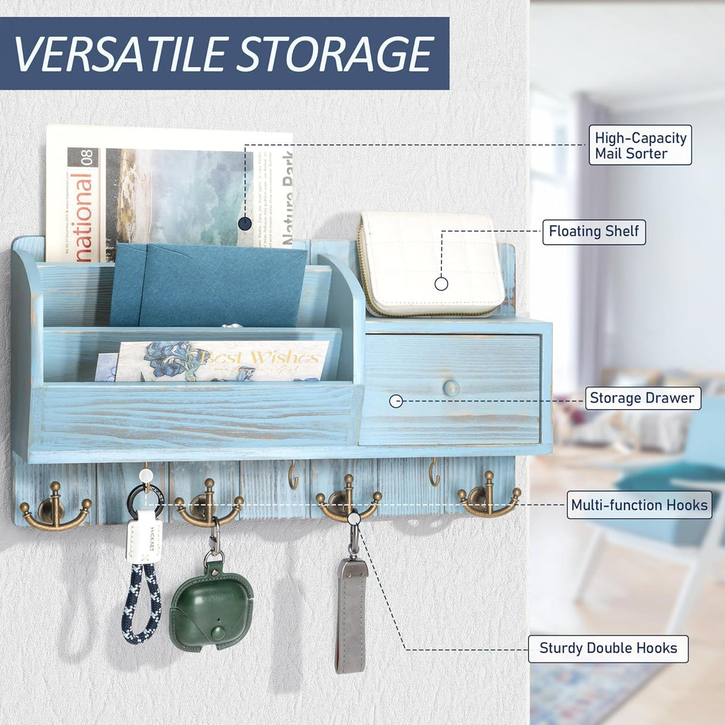 Rebee Vision Key Holder Wall Mount with Mail Sorter - Decorative Mail and Key Organizer for Wall with Hooks and Drawer Organizer - Ideal Storage Solution for Home Improvement (Distressed Blue)