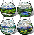 Stained Glass Window Hanging 4 Pcs Set Mountains Lake Green White Landscape 9.8" - Suncatcher Door Garden Sun Catcher Decor Birthday Christmas for Mom Woman Nana Men