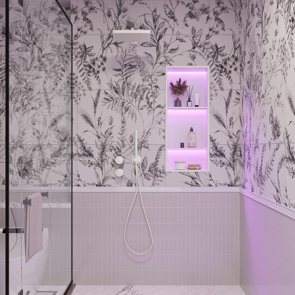Stainless Steel Shower Niche 12" X 30", No Tile Needed Wall Niche with RGB Led Light, Recessed Shower Shelf for Bathroom Storage Over Mount Installation, Matte White