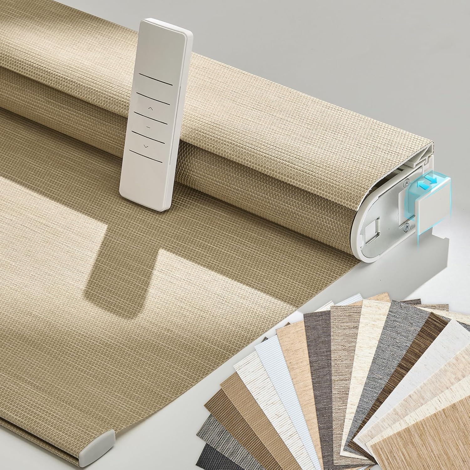 Persilux Smart Motorized Blinds with Remote, No Drill Automatic Roller Shades for Indoor Windows, Light Filtering Linen Fabric, Electric Blinds for Windows, Weave Straw C162-4, Custom Size